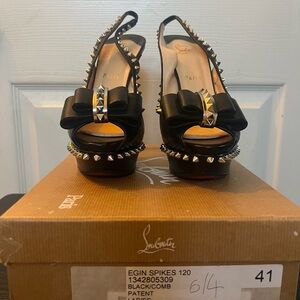 Christian Louboutin Black Leather Platform Peep toe Silver Studded Slingbacks
